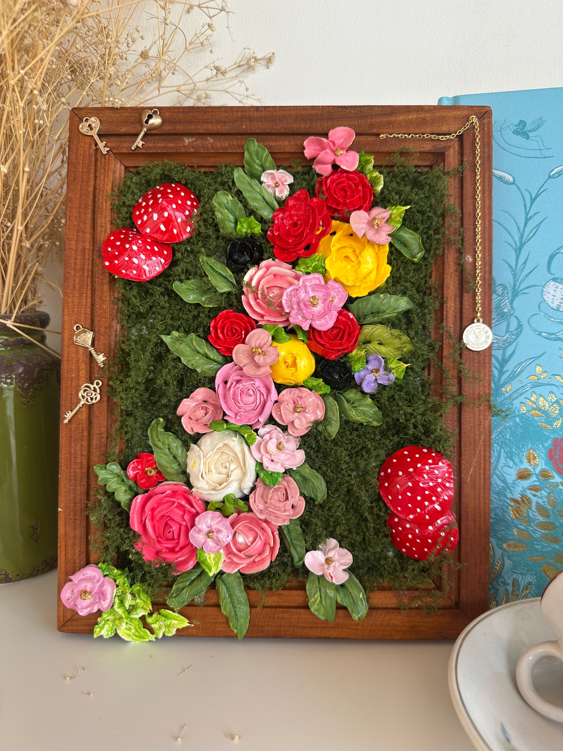 Florabundant painting with handmade 3D acrylic flowers.