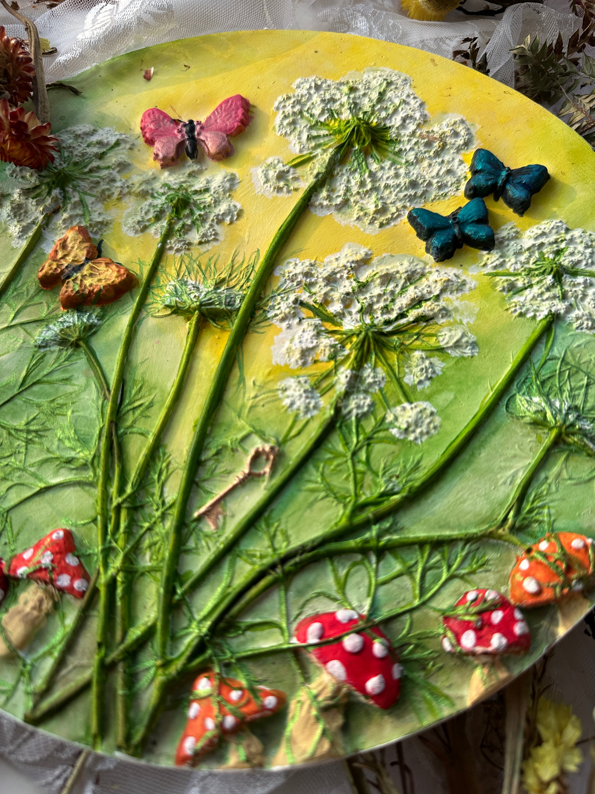 Close-up of textured mushroom art with shimmer and floral details