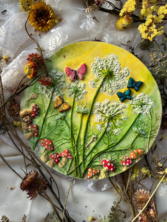 Handmade botanical tablet with mushrooms and wildflowers in soft watercolours