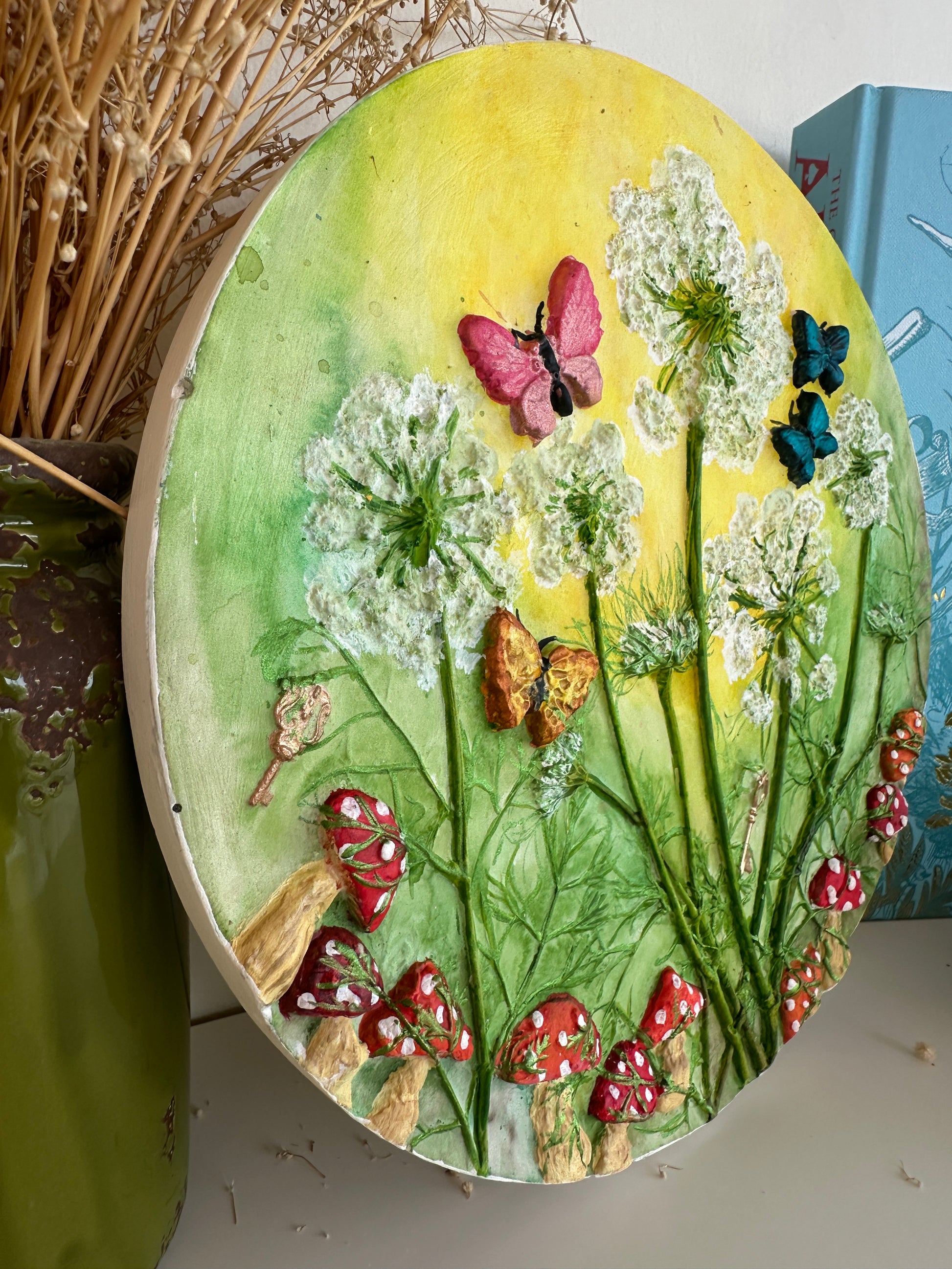 Sunlit forest floor-inspired artwork with hand-painted botanical casting